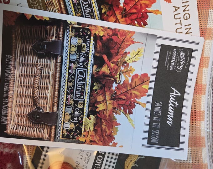 Stitching with the Housewives Sayings of the Seasons Autumn Aug 2024 Kit. Includes Chart, Fabric, Floss, Charm, Orange Bag. FREE SHIPPING.