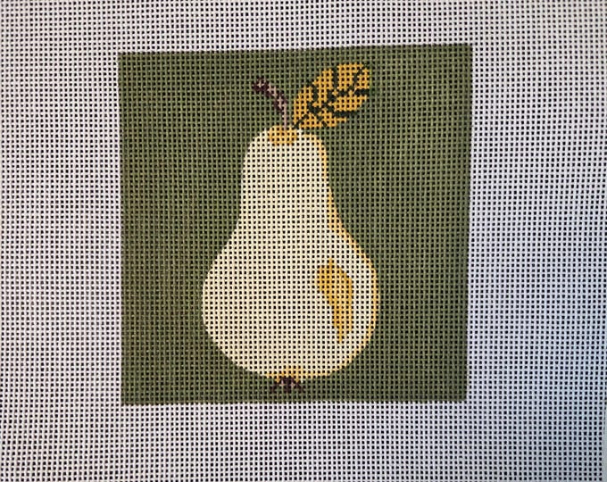 J Child Designs Pear Coaster CTR102Needlepoint Canvas.  18# 4"x4". Preowned Estate Sale Good Condition. Free Shipping. Stain in upper right.