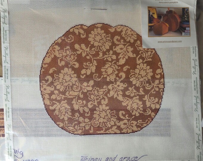 Whimsy and Grace Karens Damask Pumpkin 2 piece Needlepoint Canvas. 18 mesh. New Preowned Condition. Free Shipping.