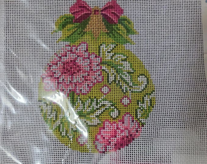 Kelly Clark Pink Green Heritage Ornament Needlepoint Canvas with Threads 18# 5"x4". Preowned Estate Sale Like New Condition. Free Shipping.
