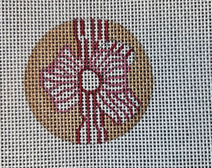 Christmas Bow Mini Round Needlepoint Canvas.  18 Mesh 2" Mini Round. Preowned Estate Sale Like New Condition. Free Shipping.