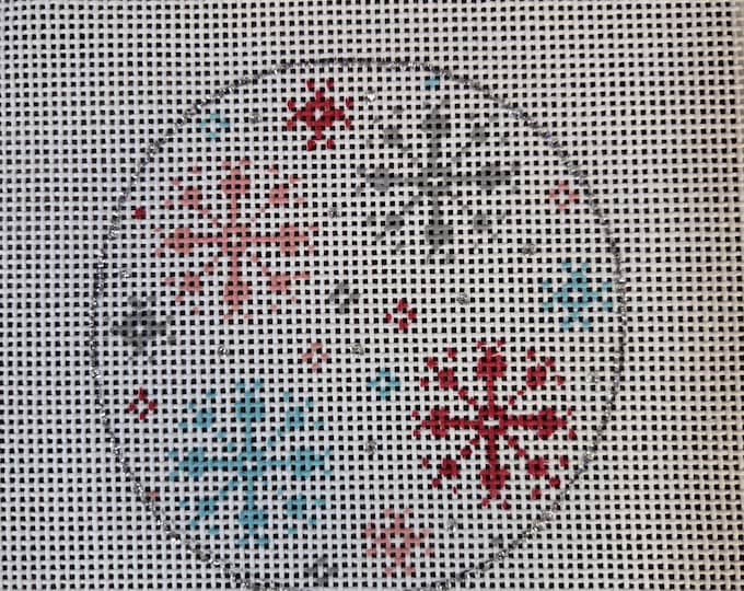 Alice Peterson Snowflakes Red Blue Needlepoint Canvas With Threads 13# 4" Round. Preowned Estate Sale Good Condition.