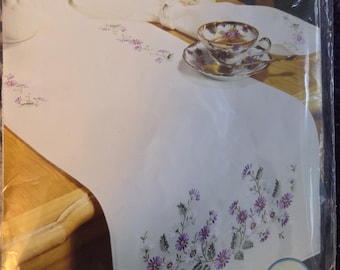 Table Runner/Scarf Stamped Embroidery Rhapsody Purple Flowers. FREE SHIPPING. Good Condition