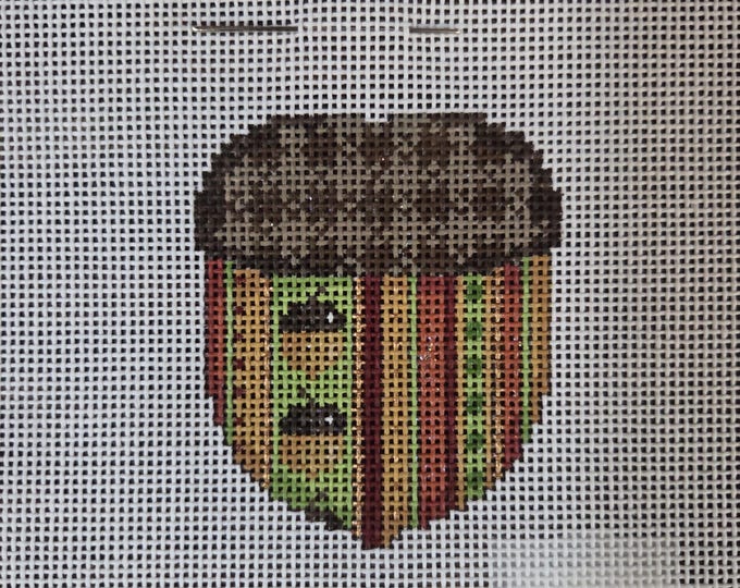 Acorn Stripe Plaid Cap Mini Acorn Needlepoint Canvas 18# 2.75"x2.25". Preowned Estate Sale Good Cond.