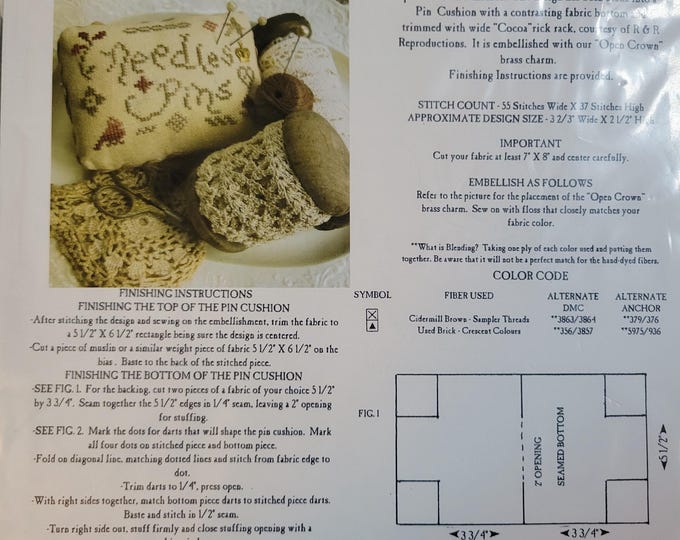 Homespun Elegance Needles & Pins Pin Cushion Cross Stitch Pattern. Free Shipping. Used Condition.