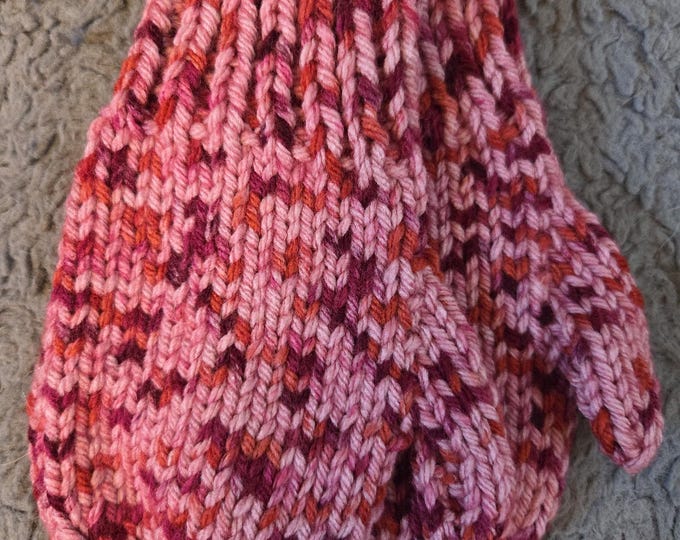 Handmade Knit Kids Mittens Size Small (ages 4 to 6) width 3 inch length 6.5 inch  Acrylic Yarn.  Pink Red Multi. FREE Shipping.