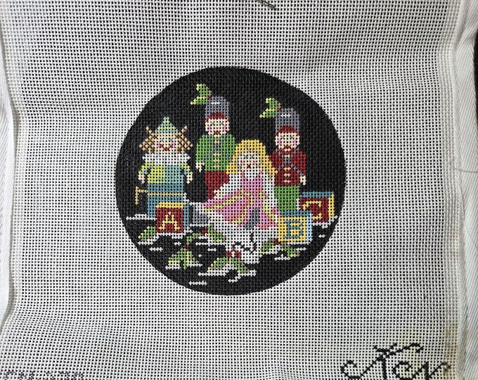 Kelly Clark Antique Toys Needlepoint Canvas 18# 4" Round. Preowned Estate Sale Stain in Bottom Right Corner. Free Shipping. Canvas Rolled.