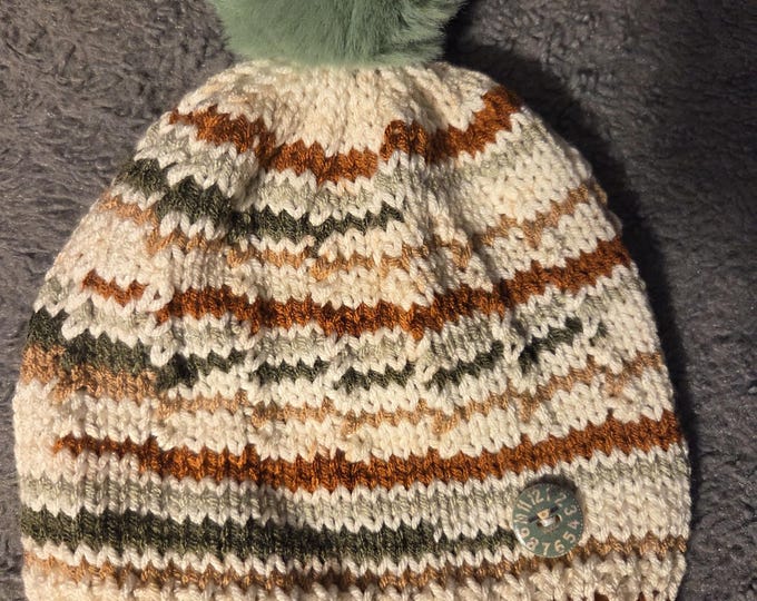 Handmade Knit Kids Hat Size Large. Acrylic Yarn. Green and Rust Stripes with Green PomPom. FREE Shipping.