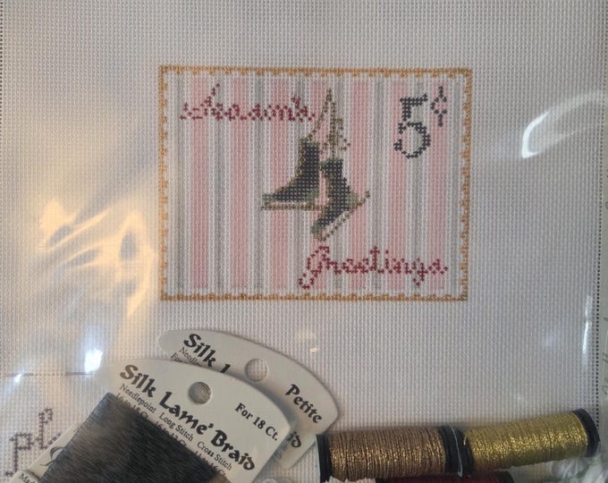 Plum Stitchery Vintage Stamps Seasons Greetings Skates Needlepoint Canvas Kit.  18 4.25" x 3.25". Preowned Estate Sale Like New Condition.