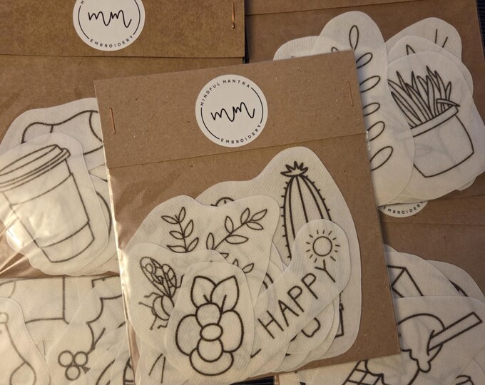 Mindful Mantra Set of 5 Packs Stick Em and Stitch Em Embroidery Patterns. Estate Sale Preowned Good Condition.