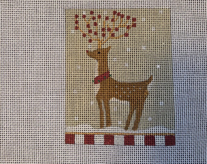Melissa Shirley Reindeer Primitive Ornament Needlepoint Canvas and Threads  18# 3"x4" Preowned Estate Sale Good Condition. Free Shipping.