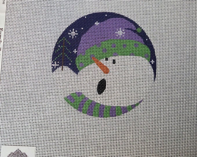 Pepperberry Designs  Snowman Purple Green Hat Needlepoint Canvas 18# 4" Round. Preowned Estate Sale Like New Condition. Free Shipping.