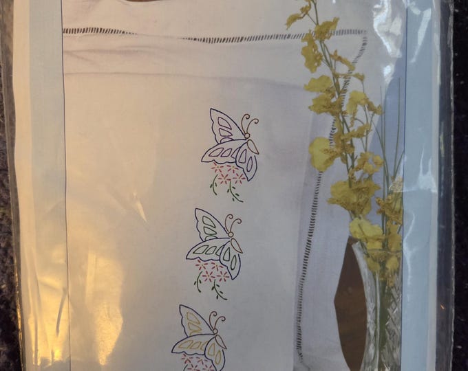 Embroidery Pair of Pillowcases Floating Butterflies. FREE SHIPPING. Good Condition.