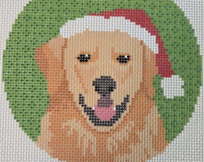 Christmas Golden Retriever Needlepoint Canvas. 18 Mesh 4" Round. New Condition. Free Shipping. Needlepaint LLC Design.
