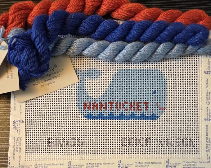 Erica Wilson Nantucket Happy Whale Needlepoint Canvas with Threads 13# 8"x6.5". Preowned Estate Sale Good Condition. Free Shipping.