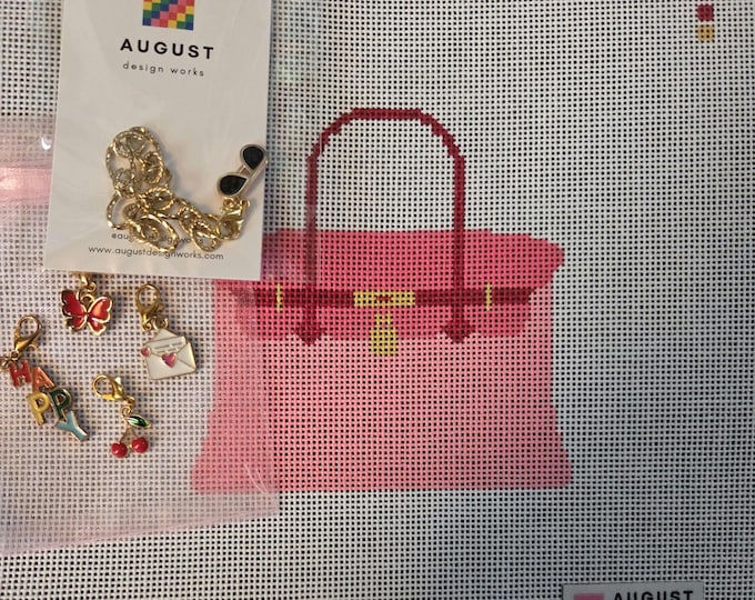 Pink Bougie Charm Bag plus chain eyeglass charm and charms shown. 8x8 canvas size 4x4 design 18 mesh Handpainted Canvas. New. Free Shipping.