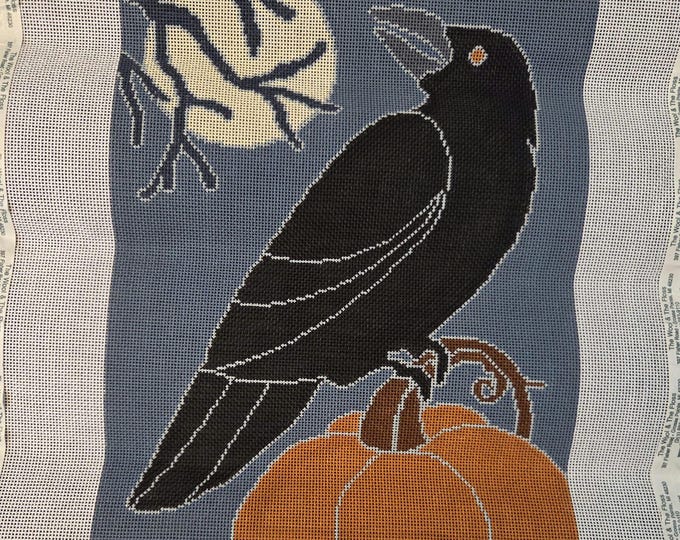 Three Kittens Raven on Pumpkin Needlepoint Canvas with Threads.  18 Mesh 8.5"x11". Preowned Estate Sale Good Cond. Canvas Rolled.