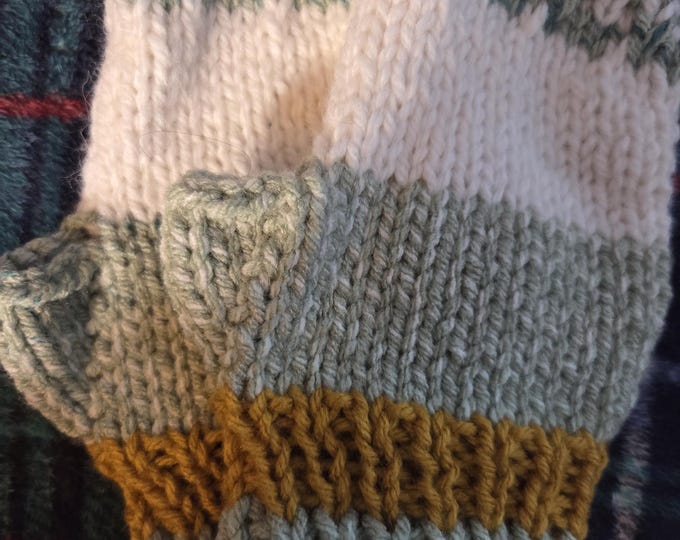 Handmade Knit Adult 7 inch Fingerless Gloves. Acrylic Yarn. Green and White Stripes. FREE Shipping. Fold ends to adjust length.