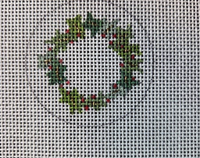 Christmas Wreath Mini Round Needlepoint Canvas.  18 Mesh 2" Mini Round. Preowned Estate Sale Like New Condition. Free Shipping.