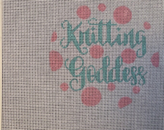 A Poore Girl Paints Knitting Goddess Needlepoint Canvas 18# 4.25" Round. Preowned Estate Sale Like New Condition. Free Shipping.