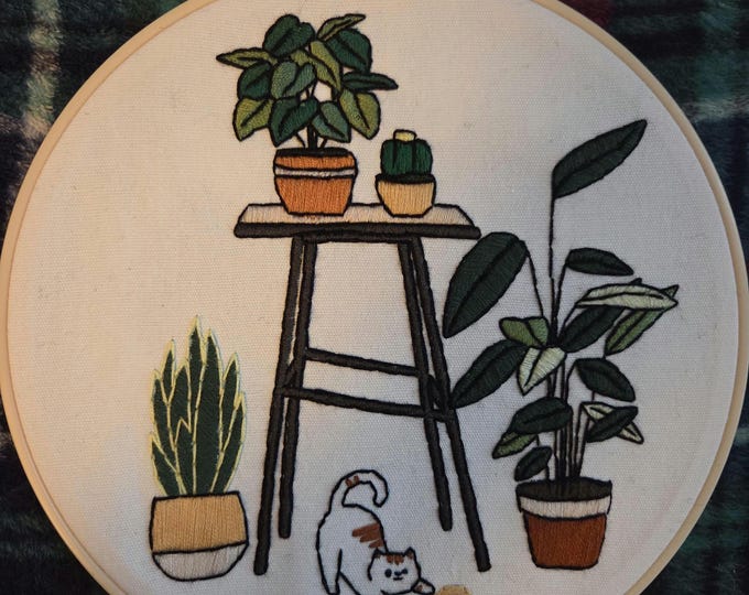 Cat with Yarn Ball and Plants Handmade Embroidered Picture in 8inch Hoop with Felt Backing. Free Shipping. Some glue markings on back.