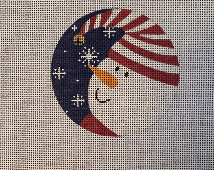 Pepperberry Designs  Snowman Red White Striped Hat Needlepoint Canvas 18# 4" Round. Preowned Estate Sale Like New Condition. Free Shipping.