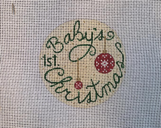 Alice Peterson Babys 1st Christmas Needlepoint Canvas With Threads 13# 4" Round. Preowned Estate Sale Like New Condition.