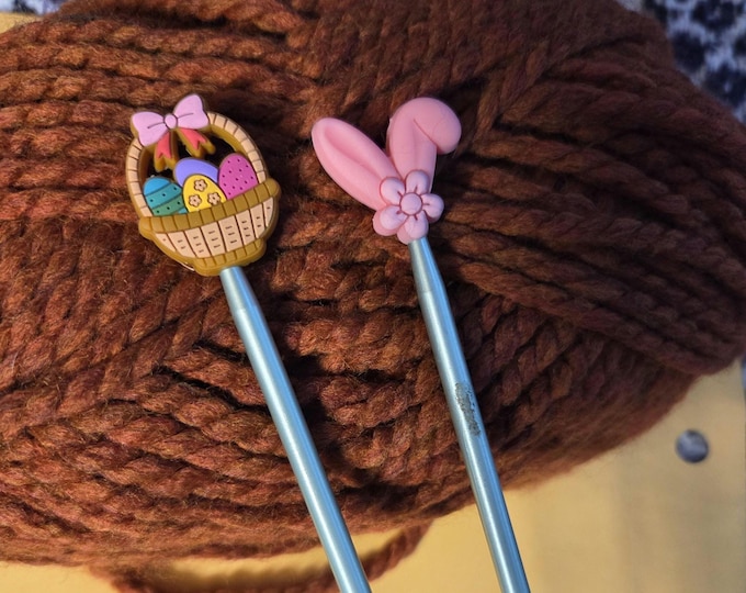 Easter Basket and Pink Ears Knitting Needle Point Savers and Stitch Holders So Stitches Don't Slip Off Needles. Set of 2. Free Shipping.