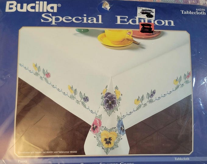 Bucilla Special Edition Pansy 52x70 Tablecloth Stamped Cross Stitch Kit. FREE SHIPPING. Good Condition.