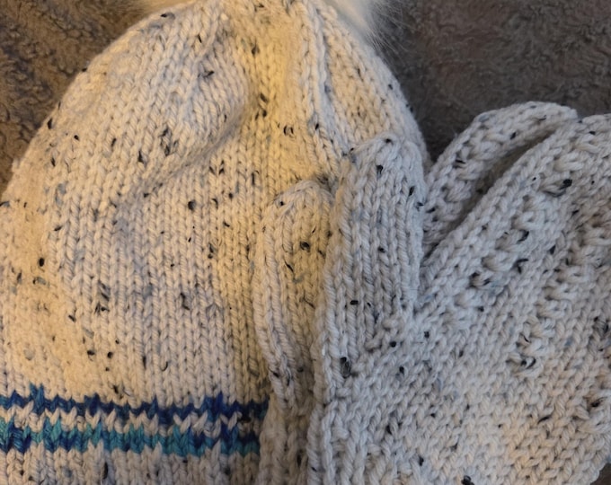 Handmade Knit Hat and Mitten Set Adult Size Acrylic Yarn. Grayish Beige Speckles with Blue Stripes Color with White PomPom. FREE Shipping.