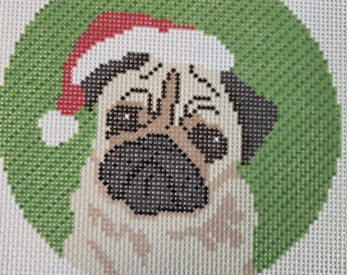 Christmas Pug Needlepoint Canvas. 18 Mesh 4" Round. New Condition. Free Shipping. Needlepaint LLC Design.