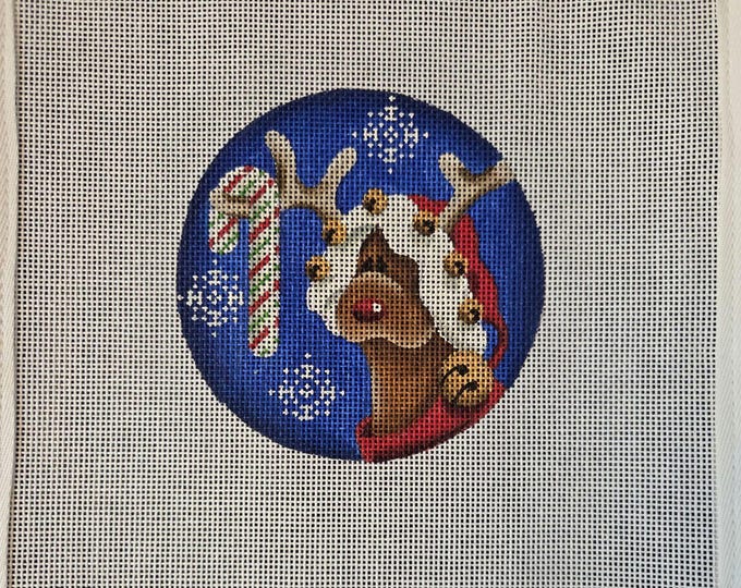 Rebecca Wood 505C Rudolph Needlepoint Canvas and Threads  18# 4" Round. Preowned Estate Sale Good Condition. Free Shipping.