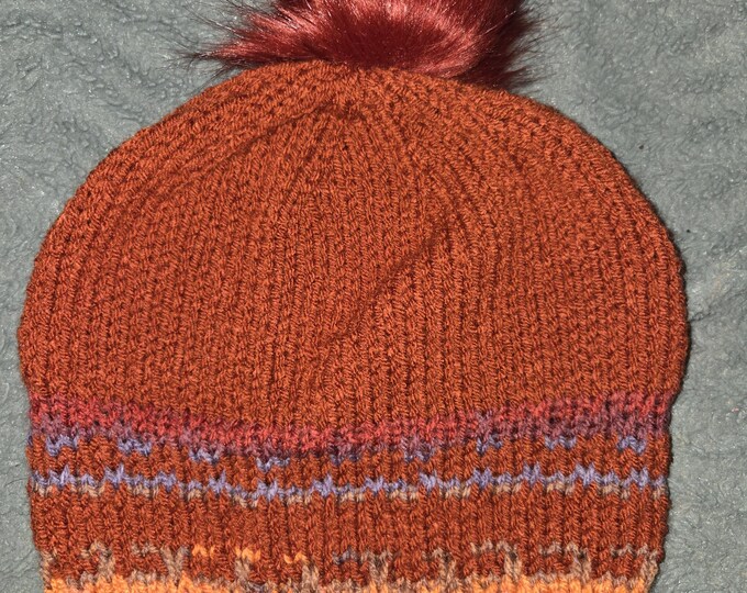 Handmade Knit Hat Adult Size Acrylic Yarn. Rust Color with Rust PomPom. FREE Shipping.