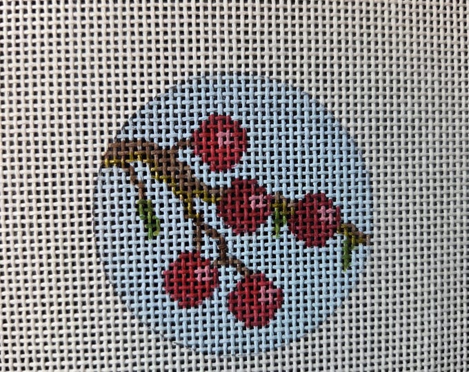 Cherries Mini Round Needlepoint Canvas.  18 Mesh 2" Mini Round. Preowned Estate Sale Like New Condition. Free Shipping.