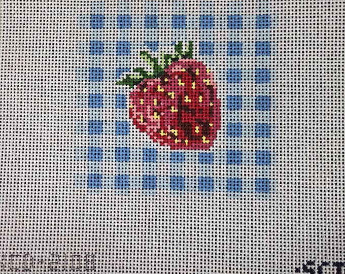Strawberry on Gingham Needlepoint Canvas 18# 4.5" Square. Preowned Estate Sale Good Cond.