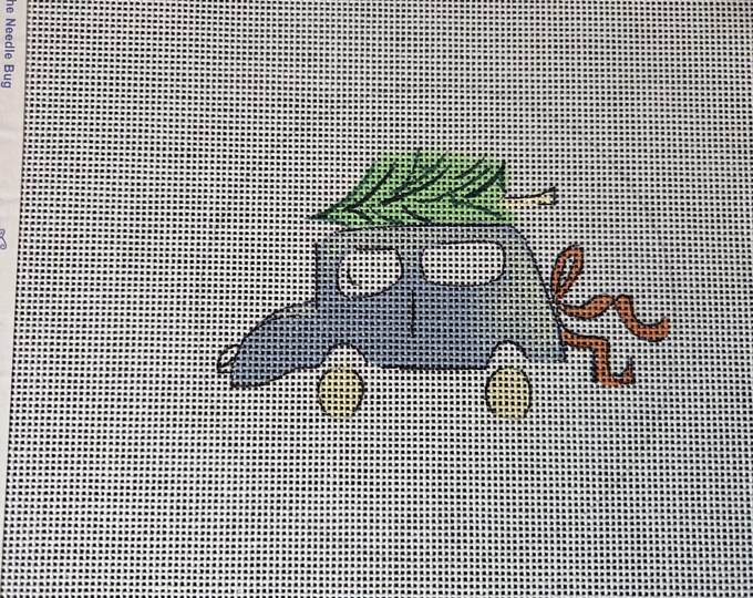 Camilla Moss Car With Tree Needlepoint Canvas with Threads.  18 Mesh 4.5" Round. Preowned Estate Sale Like New Condition. Free Shipping.