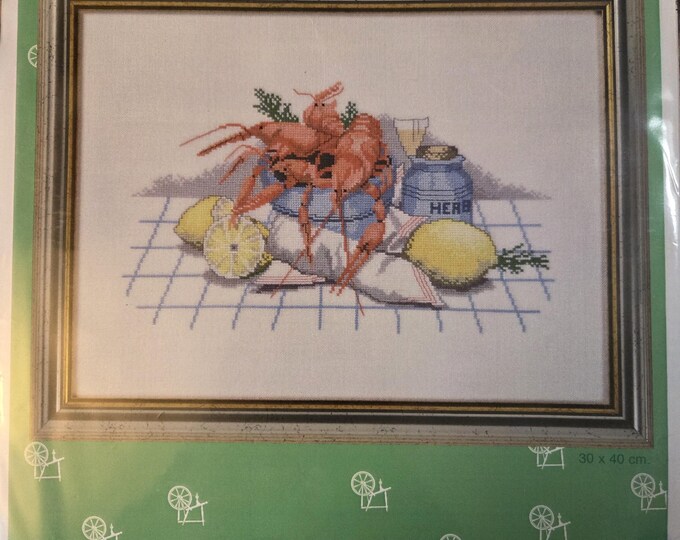 Eva Rosenstand 14-079 Crawfish and Lemons Cross Stitch Pattern Kit. Preowned Good Condition. Free SHIPPING.