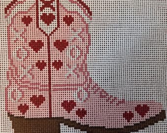 Pink Love Cowboy Boot 4"x5" Needlepoint Canvas Preowned Good Condition. Free Shipping.