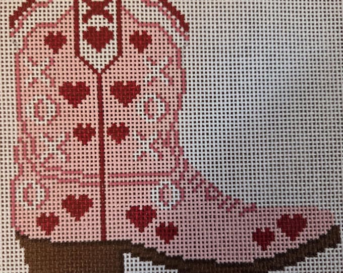 Pink Love Cowboy Boot 4"x5" Needlepoint Canvas Preowned Good Condition. Free Shipping.
