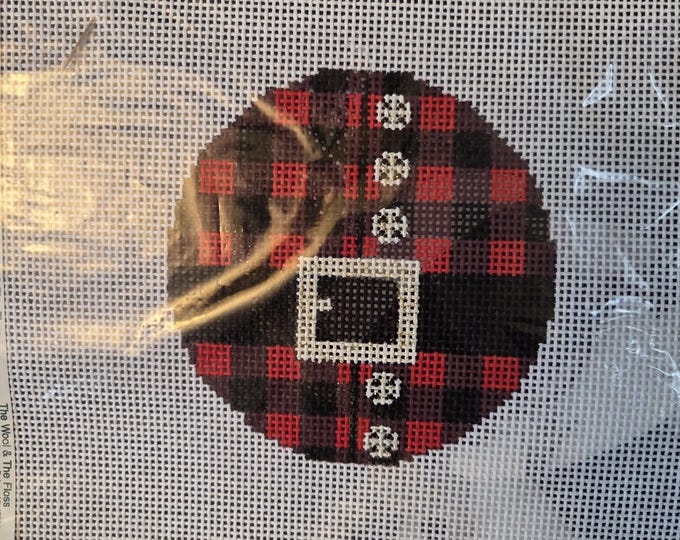 Alice Peterson Santas Plaid Shirt Needlepoint Canvas With Threads 13# 4" Round. Preowned Estate Sale Like New Condition.