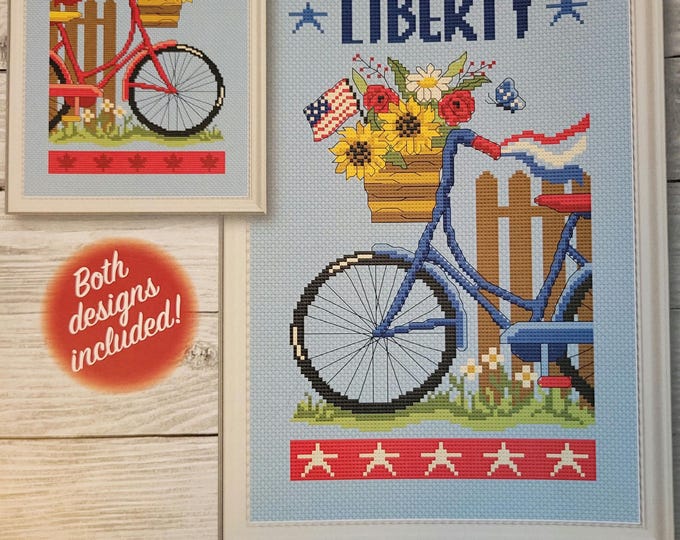 Tiny Modernist Patriotic Bicycles USA and Canada Cross Stitch Pattern. Free Shipping. Good Condition.