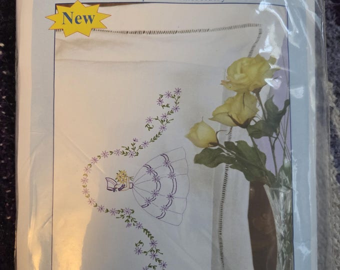 Embroidery Pair of Pillowcases Colonial Lady. FREE SHIPPING. Good Condition.