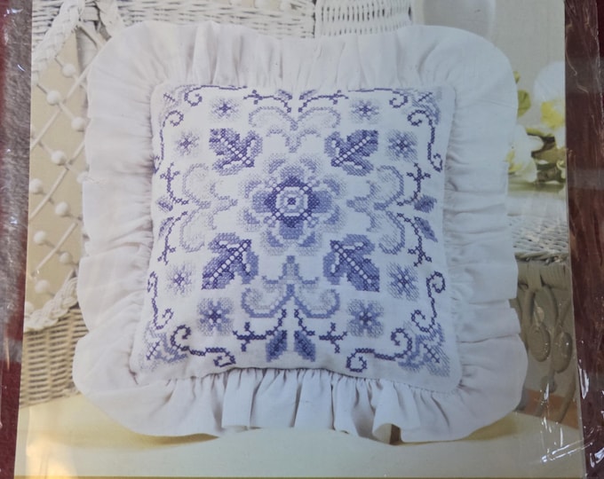 Bucilla Lavender & Lace Decorative Pillow Stamped Cross Stitch Kit. FREE SHIPPING. Older Condition. DMC included except 1 skein 3747.