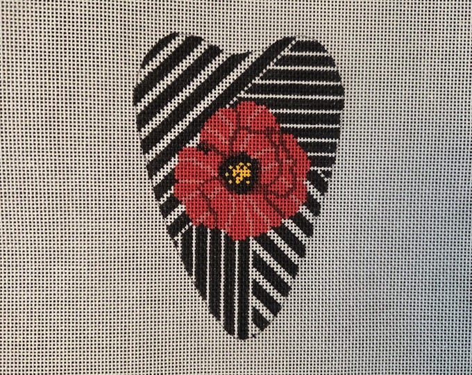 Shelly Whimsical Heart with Red Flower Needlepoint Canvas 18# 5" Tall Preowned Estate Sale Good Condition. Free Shipping.