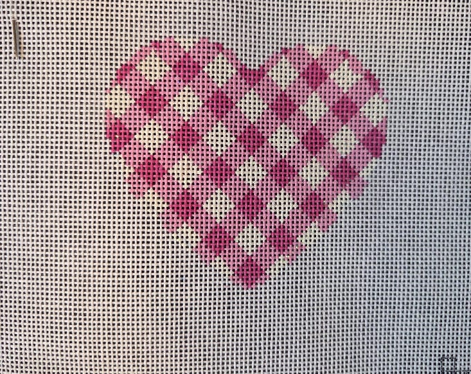 Pink Gingham Heart Needlepoint Canvas With Threads 18# 3"x3.5" Heart. Preowned Estate Sale Like New Condition.