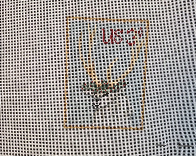 Plum Stitchery Vintage Stamps Deer Wreath Needlepoint Canvas Kit.  18 4.25" x 3.25". Preowned Estate Sale Like New Condition.