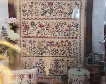 Jeannette Designs Spring Alphabet Garden & Smalls Cross Stitch Pattern with 2 pieces of linen. Free Shipping. New Condition.