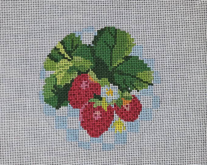 Blueberry Point Strawberries Needlepoint Canvas 18# 4" Round. Preowned Estate Sale Good Cond.