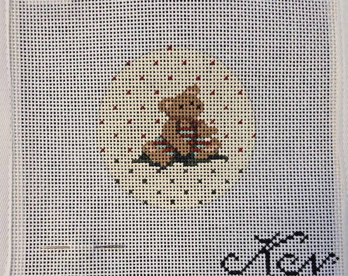 Kelly Clark Teddy Bear Ornament Needlepoint Canvas 13# 3.5" Round. Preowned Estate Sale Good Condition. Free Shipping.