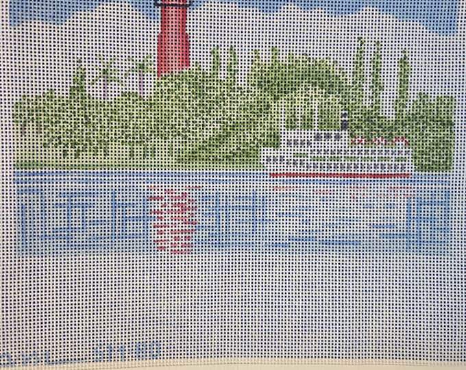 Lighthouse and Boat Scenic View Needlepoint Canvas 11" x 13.5" Preowned Condition. Free Shipping.